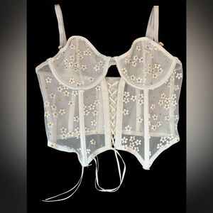 BodyRage White Floral Daisy Embroidered Corset Top Size M